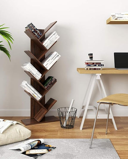 VASAGLE Tree Bookshelf, 9-Tier Bookcase, Large Bookshelf, Space-Saving Corner Shelf, Book Tree, Holds Books, CDs, Games, for Bedroom, Living Room, Home Office, Walnut Color ULBC11BY - LeafyLoom