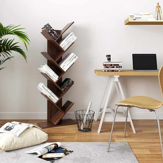 VASAGLE Tree Bookshelf, 9-Tier Bookcase, Large Bookshelf, Space-Saving Corner Shelf, Book Tree, Holds Books, CDs, Games, for Bedroom, Living Room, Home Office, Walnut Color ULBC11BY - LeafyLoom
