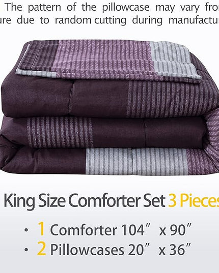 Andency Stripe Comforter Set King Size (104x90 Inch), 3 Pieces Purple and Gray Patchwork Striped Comforter, Soft Microfiber Down Alternative Comforter Bedding Set with Corner Loops - LeafyLoom