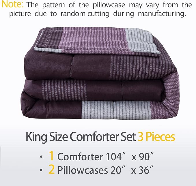 Andency Stripe Comforter Set King Size (104x90 Inch), 3 Pieces Purple and Gray Patchwork Striped Comforter, Soft Microfiber Down Alternative Comforter Bedding Set with Corner Loops - LeafyLoom