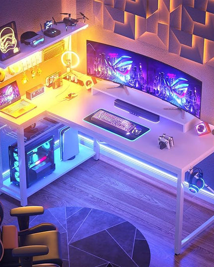 Homieasy Small Gaming Desk with Power Outlets Pegboard LED Light, 51 Inch L Shaped Computer Desk with Monitor Stand Storage Shelves, Reversible Corner Desk with Headset Hooks, White - LeafyLoom