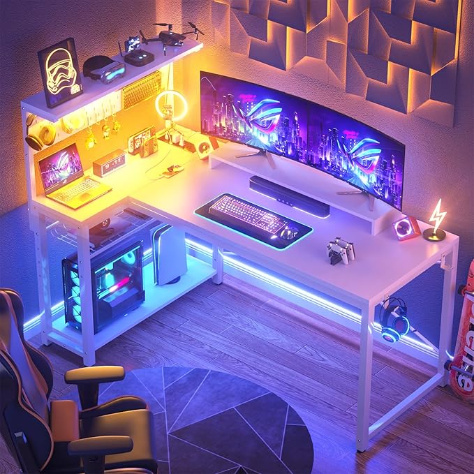 Homieasy Small Gaming Desk with Power Outlets Pegboard LED Light, 51 Inch L Shaped Computer Desk with Monitor Stand Storage Shelves, Reversible Corner Desk with Headset Hooks, White - LeafyLoom