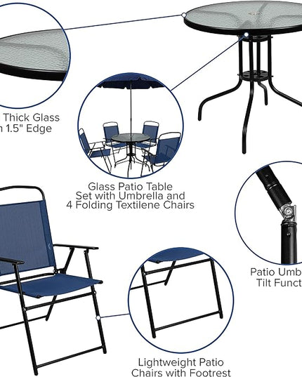 Flash Furniture Nantucket 6-Piece Patio Dining Set with Glass Table, 4 Folding Chairs, and Umbrella, Outdoor Patio Table, Chairs, Umbrella Set, Navy - LeafyLoom