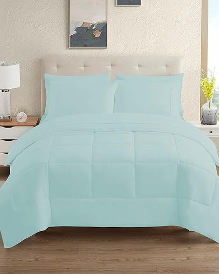 Dorm Room Essentials College Bedding Comforter Set 7 Piece Full Size Bed in a Bag for College Students Boys and Girls, Full, Aqua - LeafyLoom