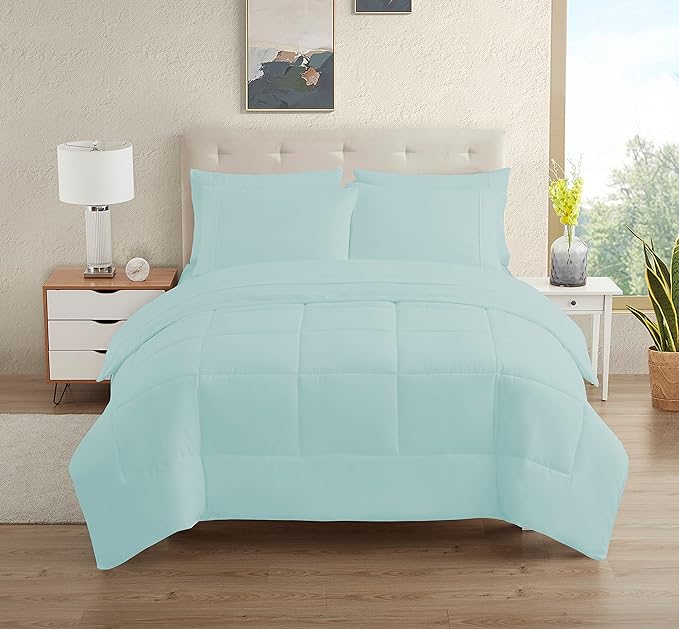 Dorm Room Essentials College Bedding Comforter Set 7 Piece Full Size Bed in a Bag for College Students Boys and Girls, Full, Aqua - LeafyLoom