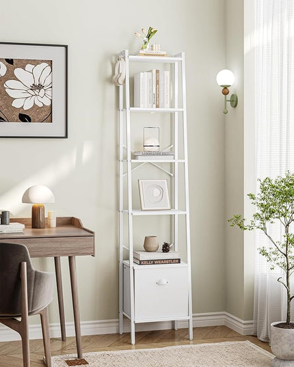 Narrow Bookshelf Bookcase with Drawer, Ladder Shelf with 2 Hooks, Bookshelves Storage Organizer, Freestanding Display Standing for Home Office, Bedroom, 6 Tier White BC19613W - LeafyLoom