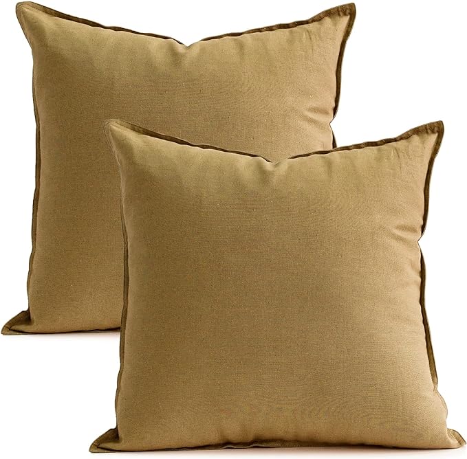 Jeanerlor Pack of 2 24 x 24 Inch Cotton Linen Soft Soild Decorative Square Throw Pillow Covers Green Cushion Case Set for Bedroom/Sofa/Car 60 x 60 cm,Earth Yellow - LeafyLoom