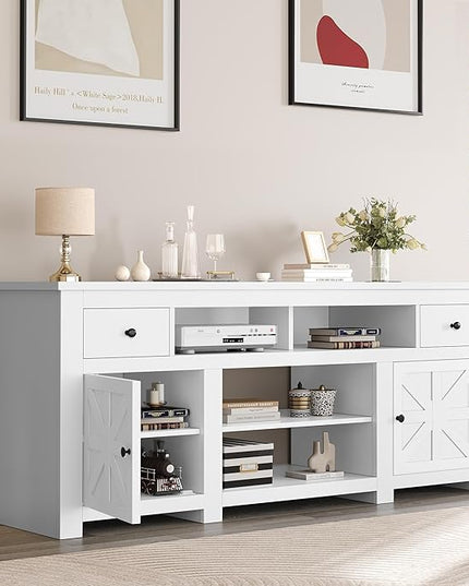 YITAHOME Farmhouse TV Stand, Entertainment Center with Power Outlet for TVs Up to 80 Inch, TV Console with Storage Drawer & Movable Partition, Rustic TV Stand for Living Room, 70" White - LeafyLoom