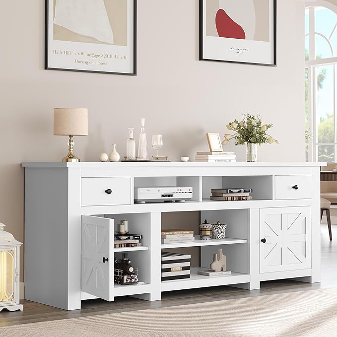 YITAHOME Farmhouse TV Stand, Entertainment Center with Power Outlet for TVs Up to 80 Inch, TV Console with Storage Drawer & Movable Partition, Rustic TV Stand for Living Room, 70" White - LeafyLoom