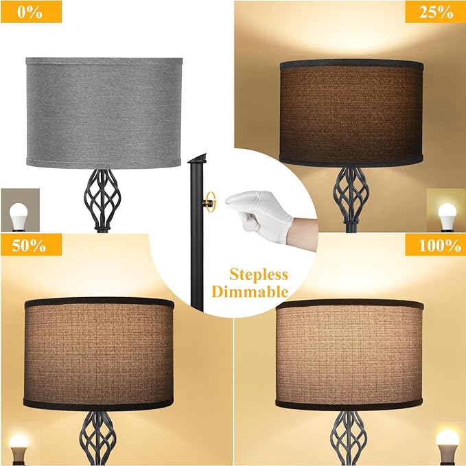 Floor Lamps for Living Room, Standing Lamp for Bedroom, Modern Floor Lamp with Gray Linen Shade, Rotary Switch, 2700K 10W Bulb Included, Stepless Dimmable Floor lamp, Classic Tall Lamp for Office - LeafyLoom