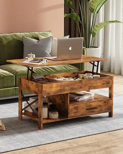 WLIVE Coffee Table, 39" Lift Top Coffee Table with Hidden Compartment and Sorage Drawers for Living Room, Rustic Brown - LeafyLoom