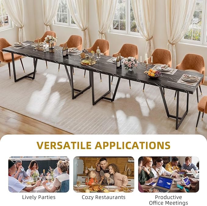 DWVO 82.6'' Large Modern Dining Table for 8-10 People, Rectangular Black Kitchen Dining Room Table with Faux Marble Tabletop and Geometric Metal Legs, Wood Dinner Tables for Family Gathering - LeafyLoom