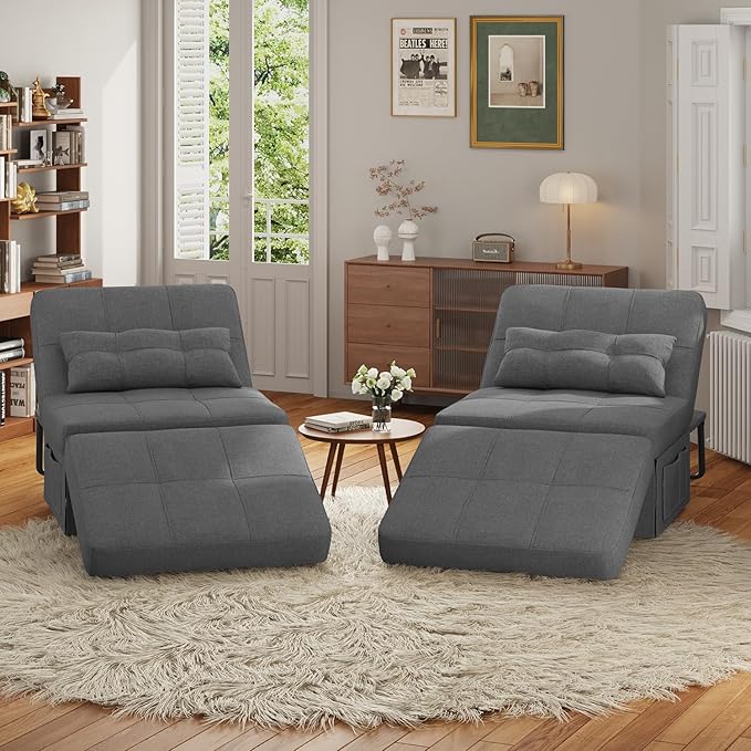 Sleeper Chair Bed, 4 in 1 Convertible Chair Bed Sofa Bed, Assembly-Free Sofa Chair Bed with Adjustable Backrest and Pillow, Modern Breathable Linen Fabric for Living Room Apartment Office, Dark Grey - LeafyLoom