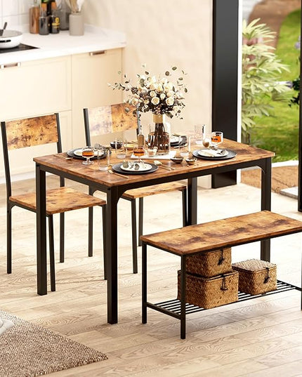 sogesfurniture Modern 4-Piece Kitchen Dining Table Set with 1 Bench and 2 Chairs, Kitchen Bench Table Set for 4, Wooden Kitchen Table and Chairs for Limited Space,Rustic Brown - LeafyLoom