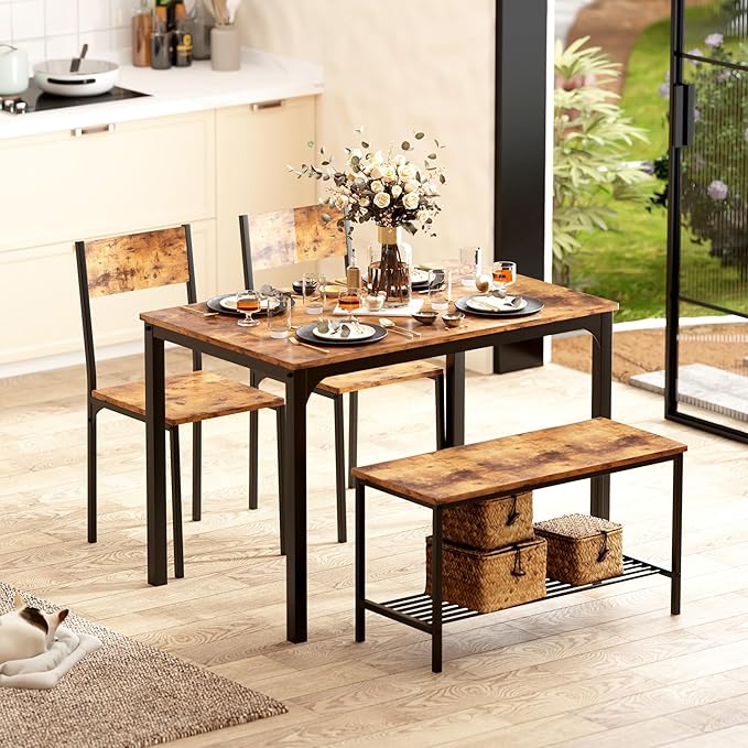 sogesfurniture Modern 4-Piece Kitchen Dining Table Set with 1 Bench and 2 Chairs, Kitchen Bench Table Set for 4, Wooden Kitchen Table and Chairs for Limited Space,Rustic Brown - LeafyLoom