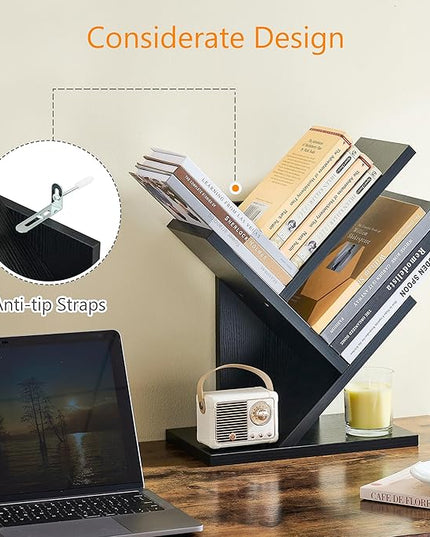 Tajsoon Tree Bookshelf 3 Tier Book Storage Organizer Shelves, Desktop Bookshelf Floor Standing Bookcase Display for CDs/Magazine/Books, Small Bookshelf for Bedroom, Living Room&Office, Black - LeafyLoom