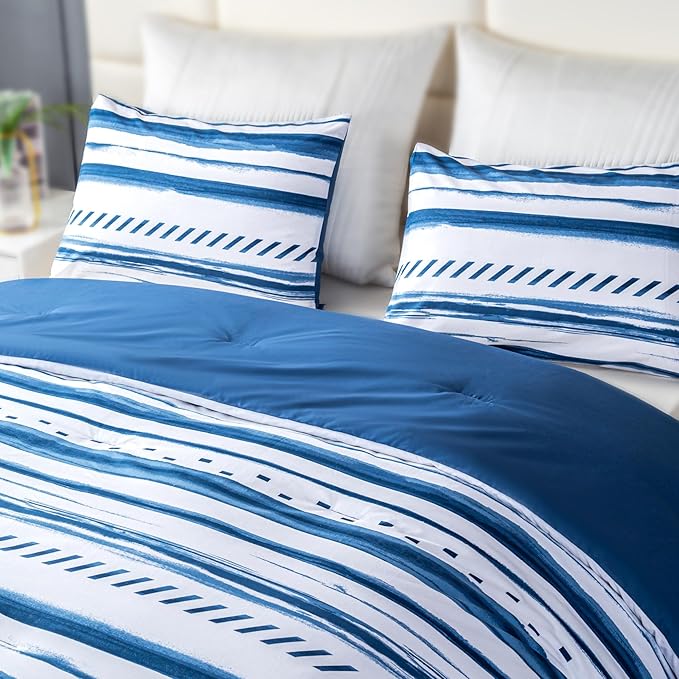 Sophia & William King Size Comforter Set for All Season, 3 Pcs Bedding Set with Navy Printed Comforter with & 2 Pillowcases - LeafyLoom