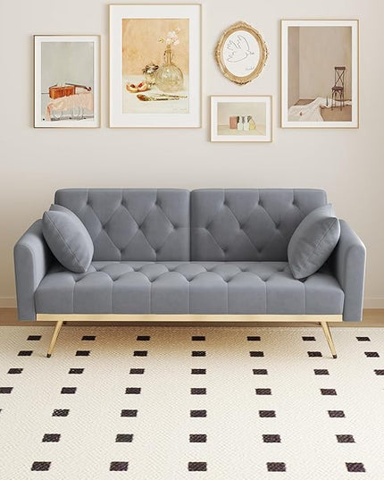 Velvet Upholstered Modern Convertible Futon Couch Folding Sofa Bed Recliner Lounge Loveseat Daybed Sofacama with Adjustable Backrest and Golden Legs for Small RV Living Room Office, Gray 68.3" - LeafyLoom