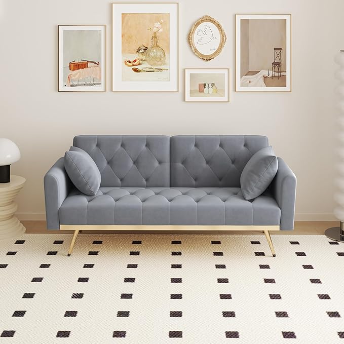Velvet Upholstered Modern Convertible Futon Couch Folding Sofa Bed Recliner Lounge Loveseat Daybed Sofacama with Adjustable Backrest and Golden Legs for Small RV Living Room Office, Gray 68.3" - LeafyLoom