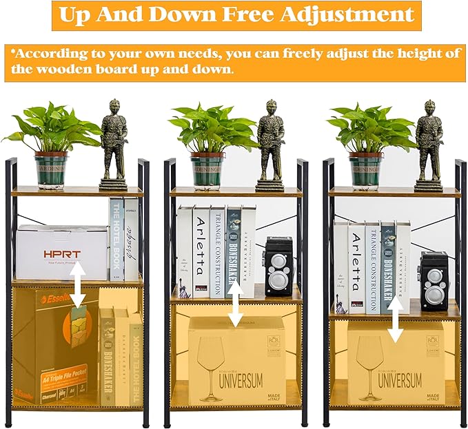 HCHQHS Small Bookshelf, Adjustable 3-Tier Industrial Bookcase, Rustic Open Book Shelf, Wood and Metal Horizontal Bookshelves - LeafyLoom