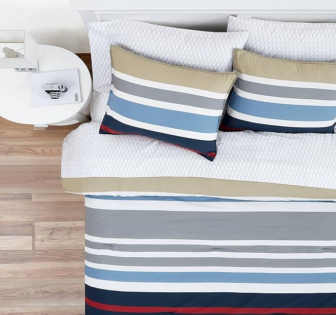 Nautica - Queen Comforter Set, Cotton Reversible Bedding with Matching Shams, Stylish Home Decor (Bradford Navy/Kahki, Queen) - LeafyLoom