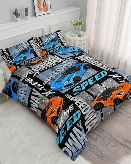 Datura home Sports Car Comforter Set Vintage Racing Car Printed Quilt Bedding Set with 1 Comforter and 2 Pillowcases for Boys and Girls Bedroom All Season(Sports Car Queen) - LeafyLoom