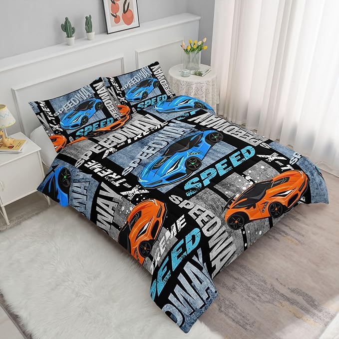Datura home Sports Car Comforter Set Vintage Racing Car Printed Quilt Bedding Set with 1 Comforter and 2 Pillowcases for Boys and Girls Bedroom All Season(Sports Car Queen) - LeafyLoom