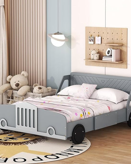 Full Size Car-Shaped Bed Frame for Kids,Wooden Platform Bed with Wheels and Side Rails for for Boys Girls,Wood Slat Supports,No Box Spring Needed,Gray - LeafyLoom