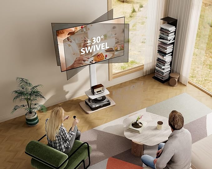 FITUEYES Floor TV Stand Tall Corner TV Stands for Most TVs up to 70 Inch Swivel TV Mount Stand with Height Adjustable Shelf Upgrade Sturdy Wood Base White - LeafyLoom