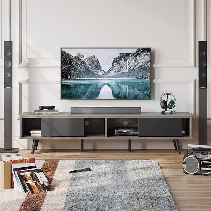 Bestier 70 inch Mid Century Modern TV Stand for 75 inch TV, Low Profile TV Stand with Storage, Entertainment Center for Living Room, Cord Management, Gray Wash - LeafyLoom