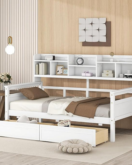 Merax Wood Daybed with with Bedside Shelves and Two Drawers, Twin Size Sofa Bed Frame for Kids Teens Adults, No Box Spring Needed White - LeafyLoom
