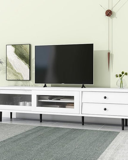 Merax Chic Elegant Design TV Stand with Sliding Fluted Glass Doors and Ample Space, Slanted Drawers Media Console for Televisions Up to 75", Modern Storage Cabinet, 70.86 inch Length, White - LeafyLoom