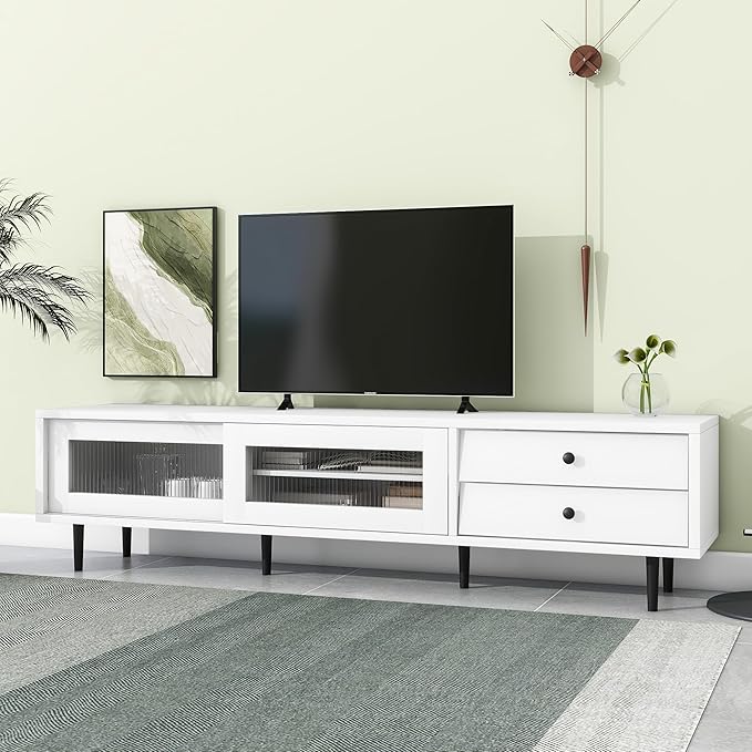 Merax Chic Elegant Design TV Stand with Sliding Fluted Glass Doors and Ample Space, Slanted Drawers Media Console for Televisions Up to 75", Modern Storage Cabinet, 70.86 inch Length, White - LeafyLoom