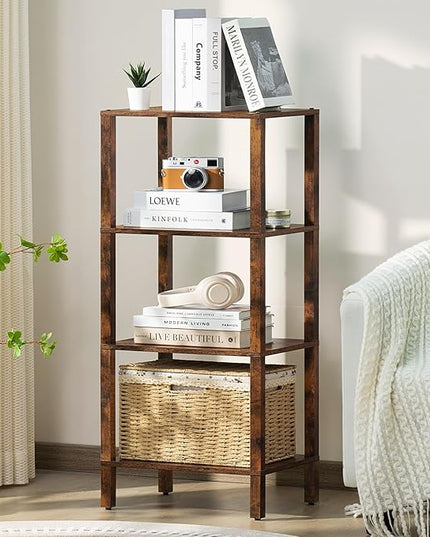 4 Tier Tall Wooden Bookshelf with Storage, Narrow Bookcase for Small Space, Small Book Shelf for Living Room, Office, Bedroom, Kitchen, Industrial, Rustic Brown - LeafyLoom