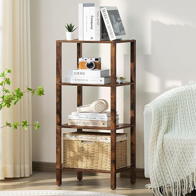 4 Tier Tall Wooden Bookshelf with Storage, Narrow Bookcase for Small Space, Small Book Shelf for Living Room, Office, Bedroom, Kitchen, Industrial, Rustic Brown - LeafyLoom