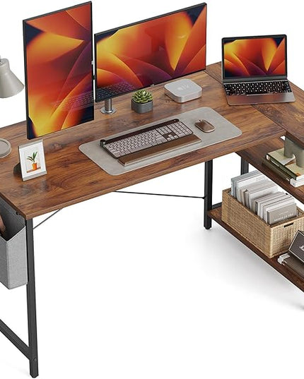 BANTI L Shaped Small Computer Desk with Storage Shelves, 55" Home Office Small Corner Desk Study Writing Table, Deep Brown - LeafyLoom