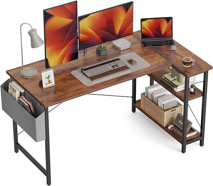 BANTI L Shaped Small Computer Desk with Storage Shelves, 55" Home Office Small Corner Desk Study Writing Table, Deep Brown - LeafyLoom