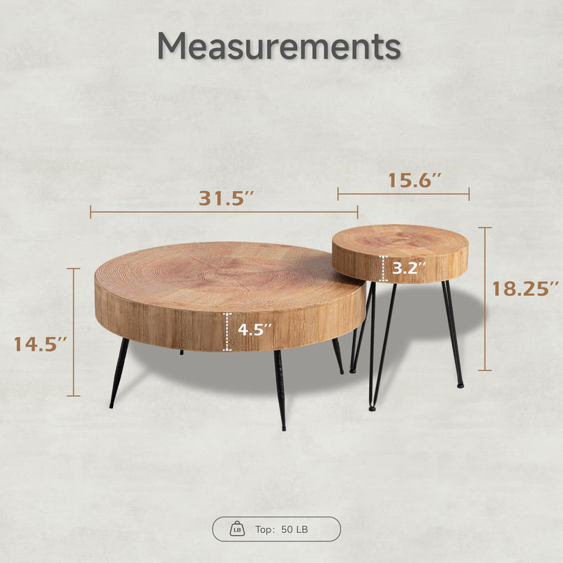 2-Piece Modern Farmhouse Living Room Coffee Table Set, Nesting Table Round Natural Finish with Handcrafted Wood Ring Motif, Wood Colour LeafyLoom