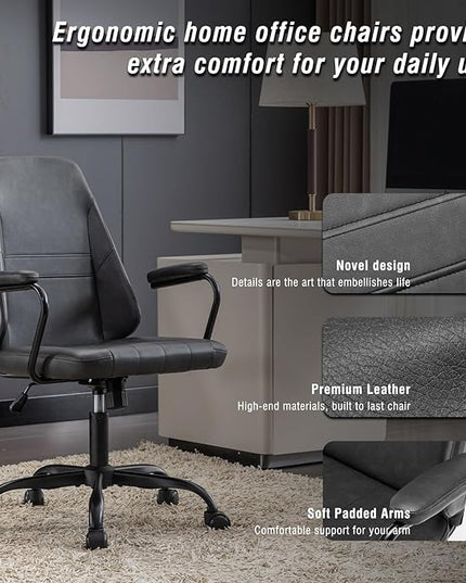 Executive Office Chair, Home Office Desk Chair, Mid Back PU Leather Desk Chair, 360° Swivel Computer Chair, Height Adjustable Tilt Vanity Task Chair for Office, Reading Meeting Room - LeafyLoom