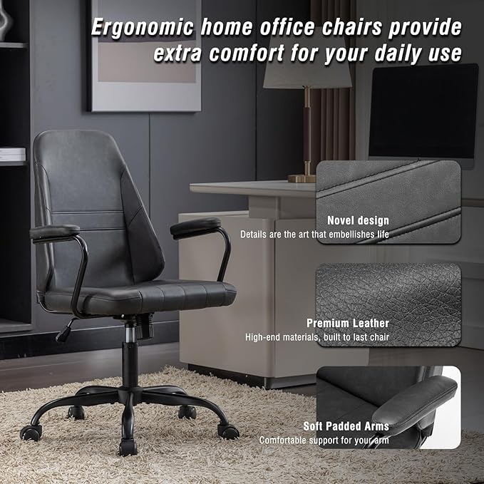 Executive Office Chair, Home Office Desk Chair, Mid Back PU Leather Desk Chair, 360° Swivel Computer Chair, Height Adjustable Tilt Vanity Task Chair for Office, Reading Meeting Room - LeafyLoom