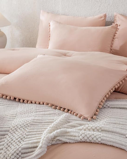 Litanika California King Comforter Set Pink,3 Pieces Blush Boho Pom Pom Lightweight Bed Comforter, All Season Soft Solid Color Bedding Comforter Sets (1 Comforter 104x96 Inch, 2 Pillowcases) - LeafyLoom