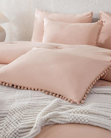 Litanika Queen Size Comforter Set Pink,3 Pieces Blush Boho Pom Pom Lightweight Bed Comforter, All Season Soft Solid Color Bedding Comforter Sets for Girls (1 Comforter 90x90 Inch, 2 Pillowcases) - LeafyLoom