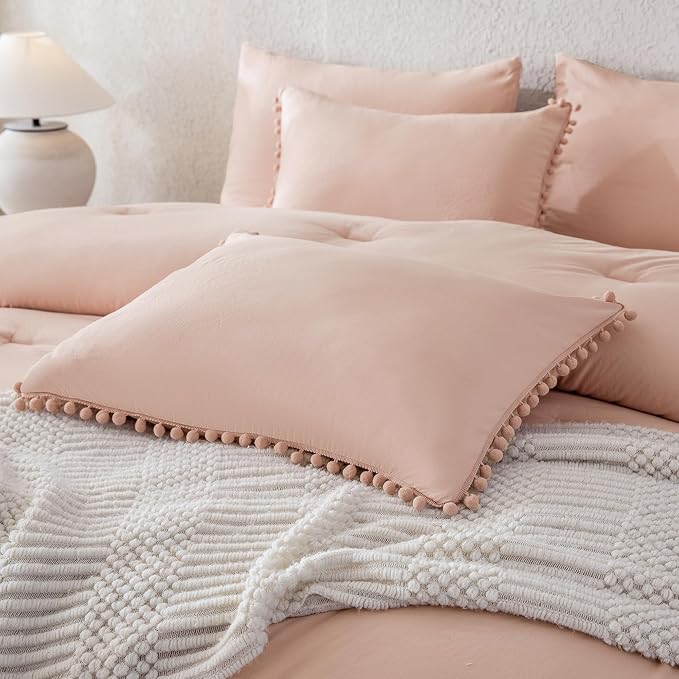 Litanika Queen Size Comforter Set Pink,3 Pieces Blush Boho Pom Pom Lightweight Bed Comforter, All Season Soft Solid Color Bedding Comforter Sets for Girls (1 Comforter 90x90 Inch, 2 Pillowcases) - LeafyLoom