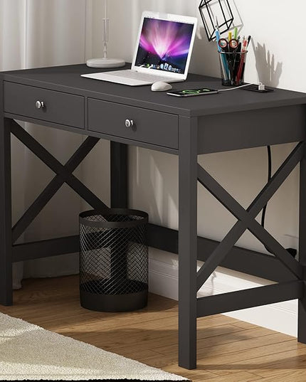 ChooChoo Computer Desk with USB Charging Ports and Power Outlets, 39" Black Desk with Drawers, Small Study Writing Table with Stable X Frame for Home Office - LeafyLoom