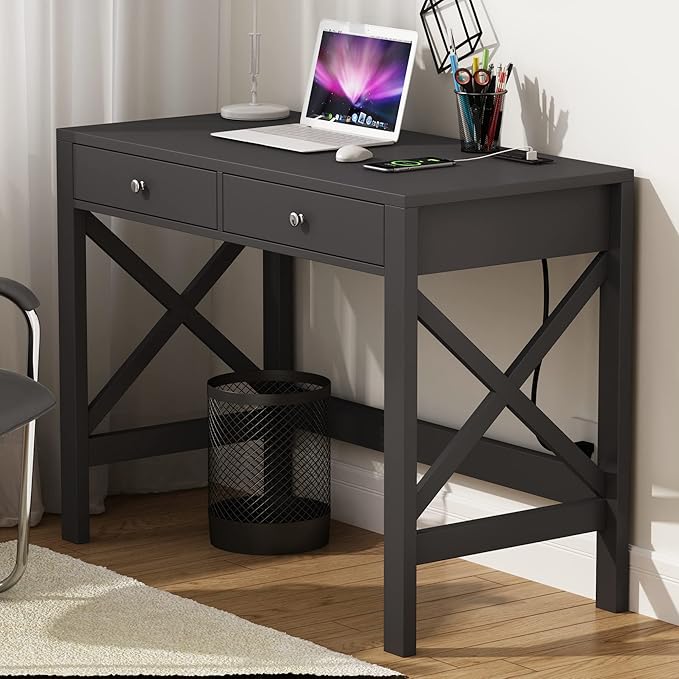 ChooChoo Computer Desk with USB Charging Ports and Power Outlets, 39" Black Desk with Drawers, Small Study Writing Table with Stable X Frame for Home Office - LeafyLoom