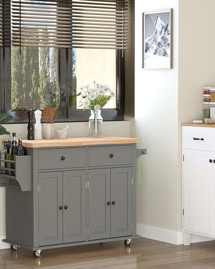 HOMCOM Kitchen Island on Wheels, Rolling Cart with Rubberwood Top, Spice Rack, Towel Rack and Drawers for Dining Room, Grey - LeafyLoom