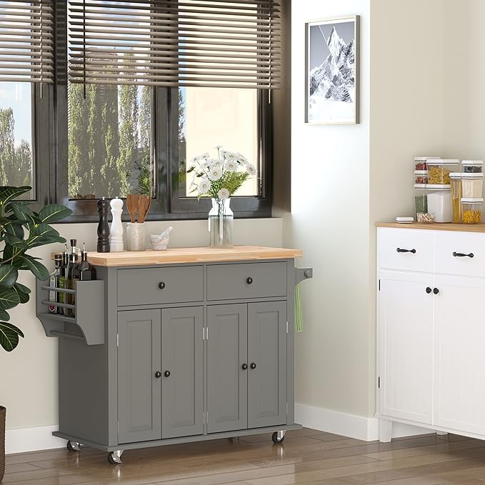 HOMCOM Kitchen Island on Wheels, Rolling Cart with Rubberwood Top, Spice Rack, Towel Rack and Drawers for Dining Room, Grey - LeafyLoom
