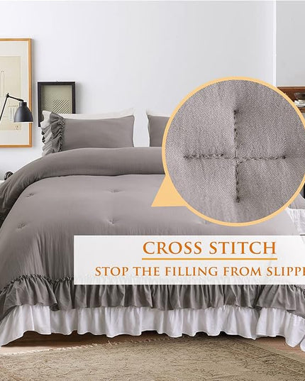 Ruffle Queen Comforter Set,Grey White Ruffled Comforter Sets for Queen Bed Shabby Boho Chic Farmhouse Bedding Set(1 Ruffle Comforter and 2 Pillowcases) - LeafyLoom