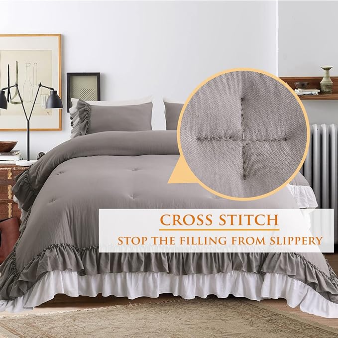 Ruffle Queen Comforter Set,Grey White Ruffled Comforter Sets for Queen Bed Shabby Boho Chic Farmhouse Bedding Set(1 Ruffle Comforter and 2 Pillowcases) - LeafyLoom