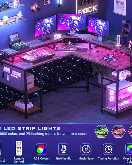 Aheaplus L Shaped Gaming Desk with Power Outlets & LED Lights, Corner Computer Desk with Monitor Stand and Storage Shelf, Home Office Writing Desk with Storage Bag, Rustic Brown - LeafyLoom